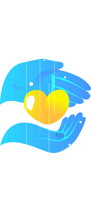 eWorld’s blue hands holding a yellow heart, representing Care